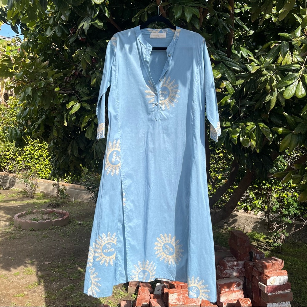 NATALIE MARTIN blue sun print boho tunic long sleeve popover midi dress